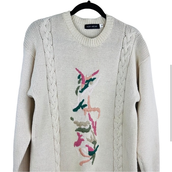 Vintage Kofi Wear Cream Knit Embroidered Floral Crew-Neck Long sweater Dress M - Picture 4 of 8